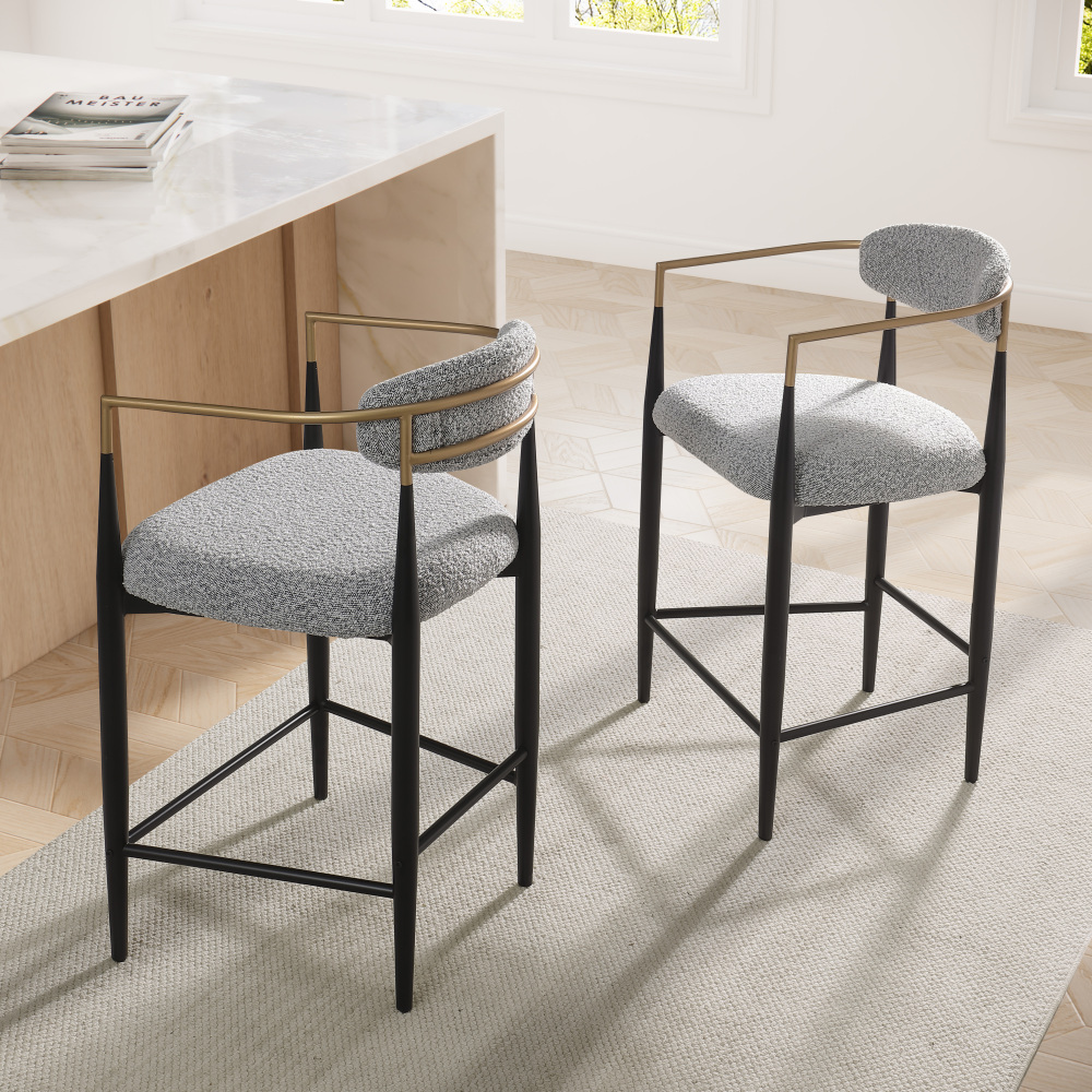 Modern Gray Boucle Counter Height Bar Stool for Kitchen Island, Metal Frame Dining Room Chair Barstools Set of 2