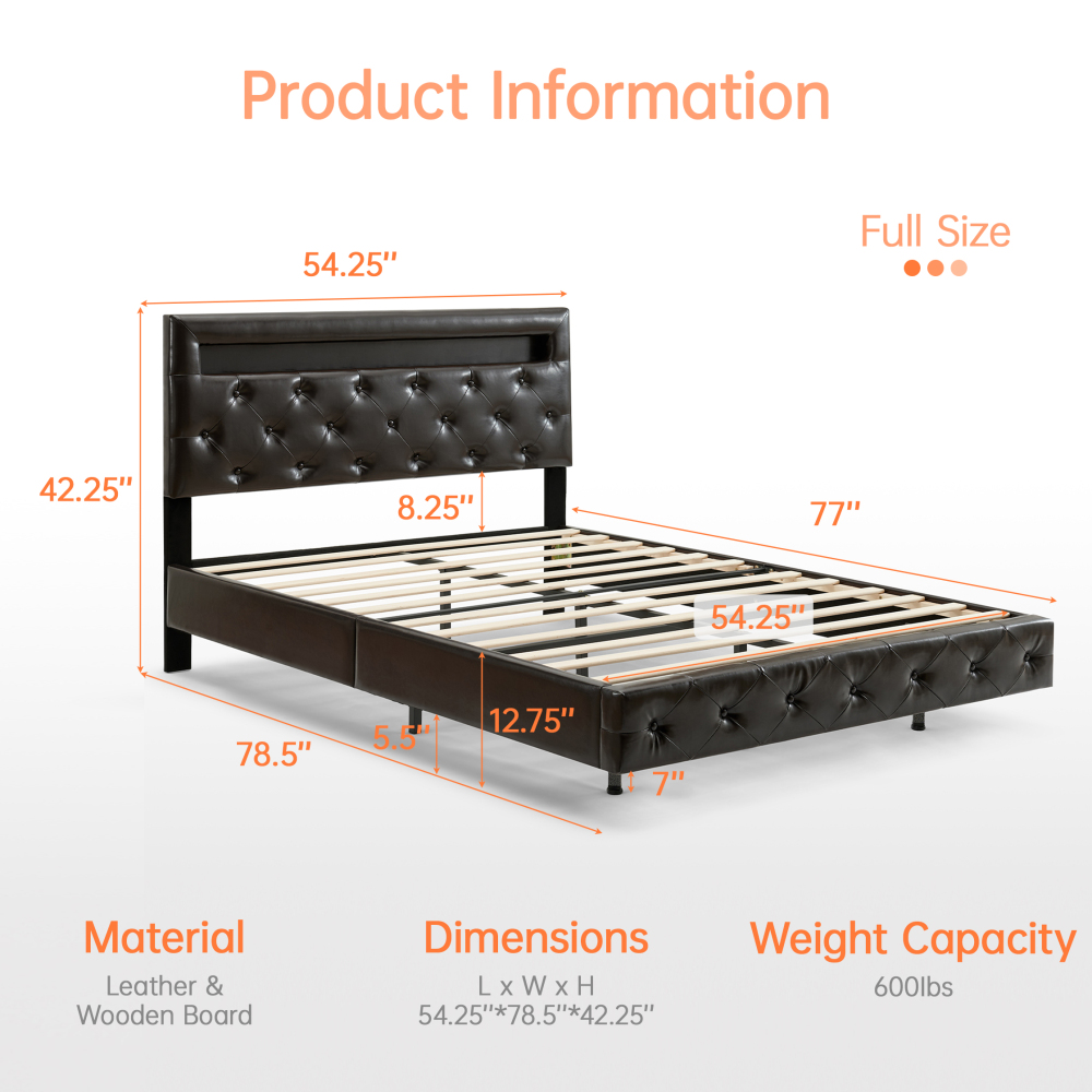 LED Floating Brown Wood Frame Full Size Platform Bed with Faux Leather Upholstered Headboard No Spring Box Need