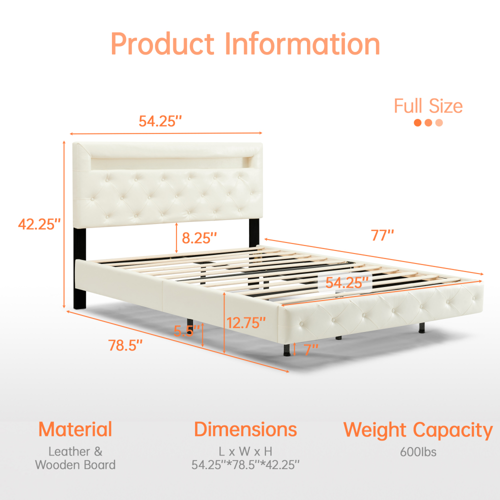 LED Floating Cream White Wood Frame Full Size Platform Bed with Faux Leather Upholstered Headboard No Spring Box Need