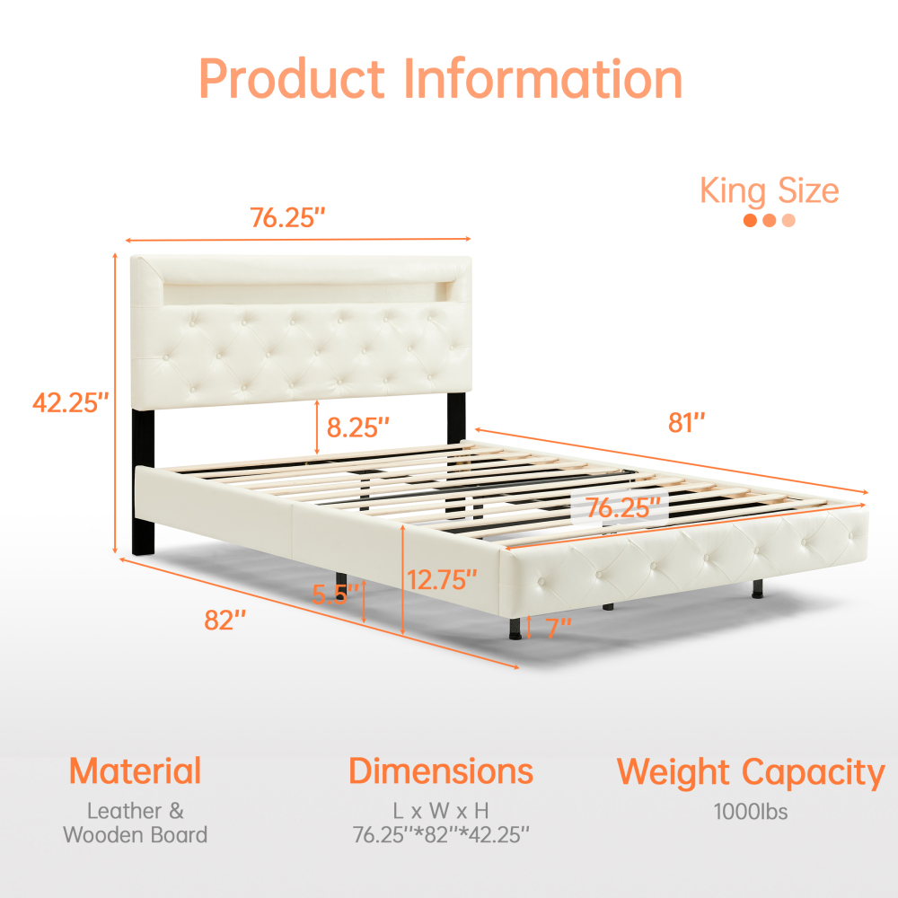 LED Floating Cream White Wood Frame King Size Platform Bed with Faux Leather Upholstered Headboard No Spring Box Need