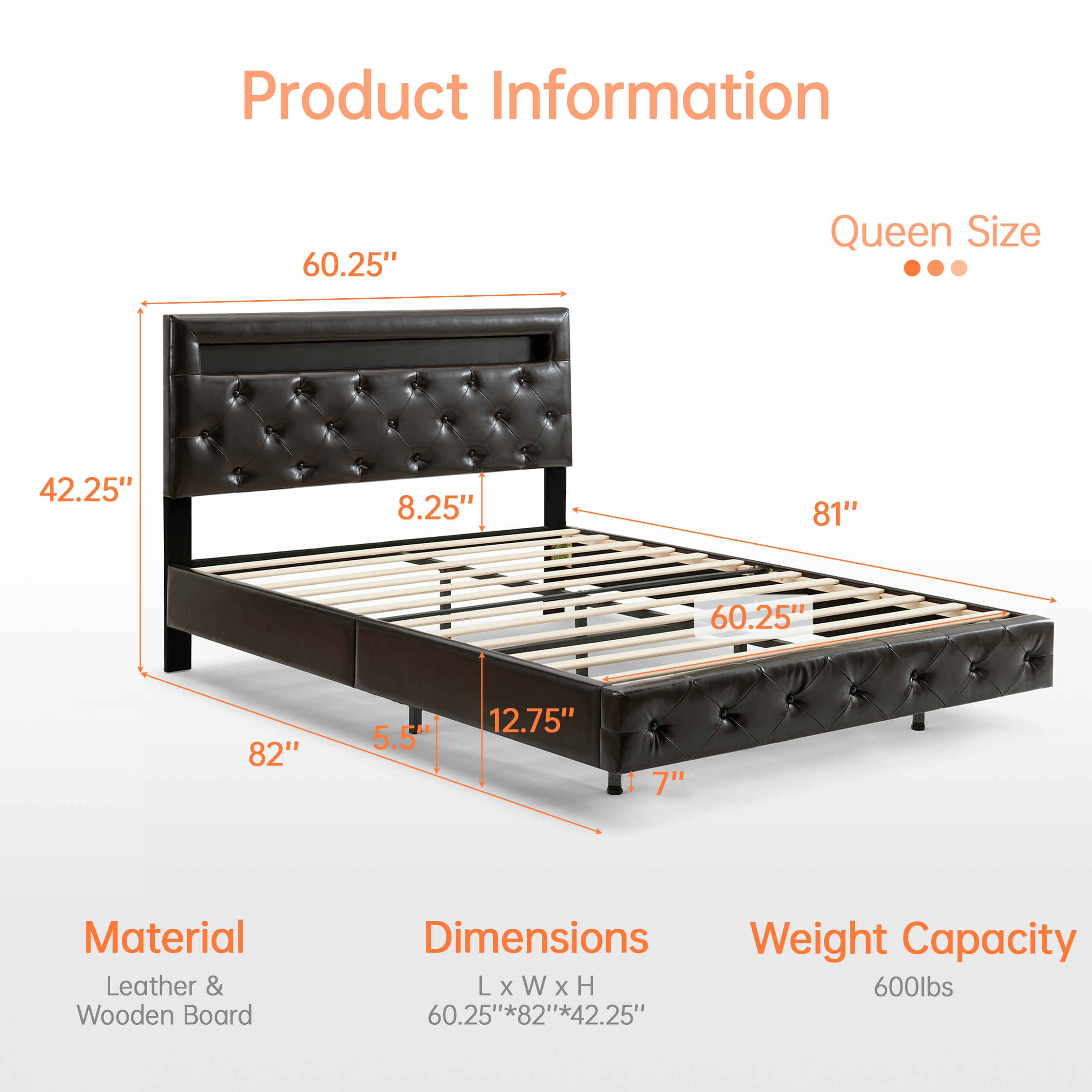 LED Floating Brown Wood Frame Queen Size Platform Bed with Faux Leather Upholstered Headboard No Spring Box Need