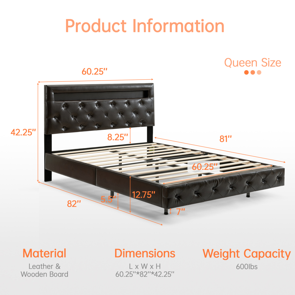 LED Floating Brown Wood Frame Queen Size Platform Bed with Faux Leather Upholstered Headboard No Spring Box Need