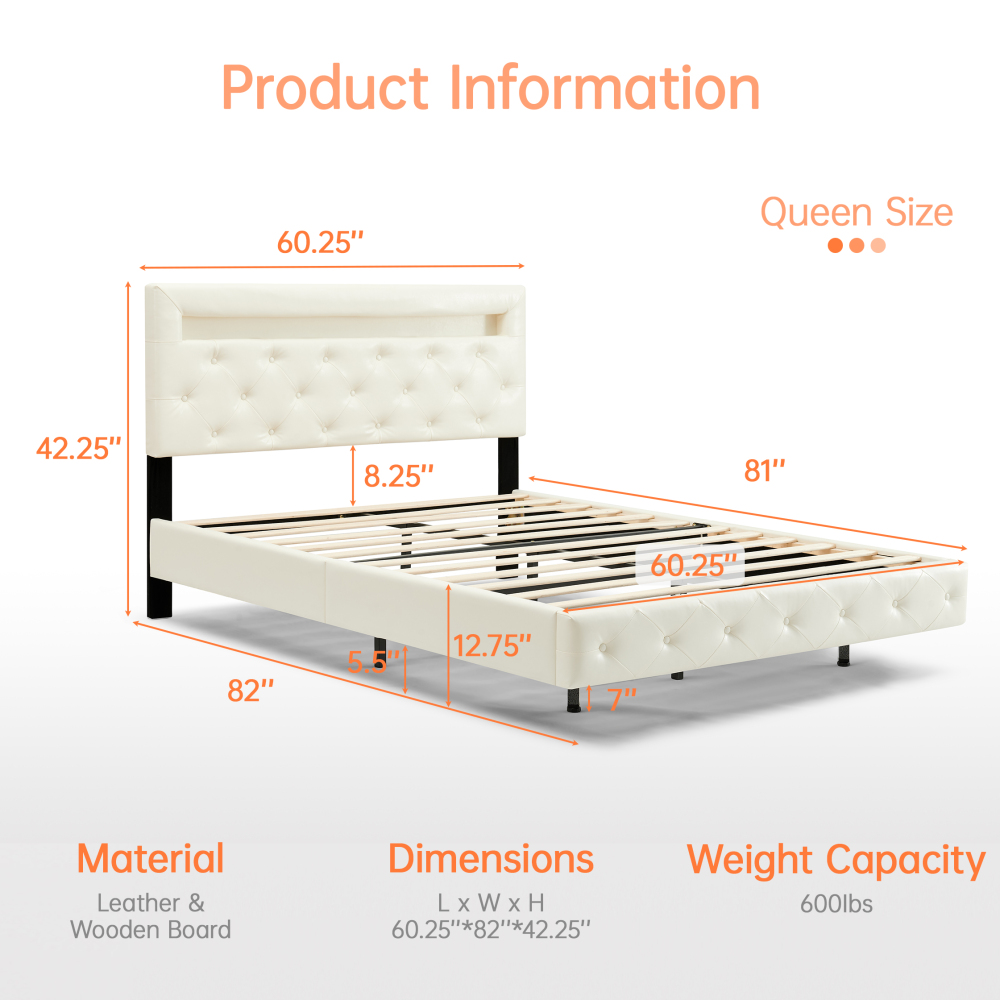LED Floating Cream White Wood Frame Queen Size Platform Bed with Faux Leather Upholstered Headboard No Spring Box Need