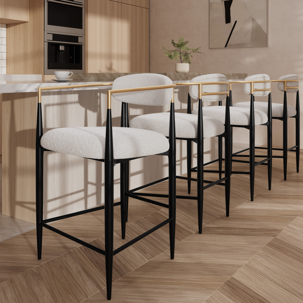 Modern White Boucle Counter Height Bar Stool for Kitchen Island, Metal Frame Dining Room Chair Barstools Set of 2