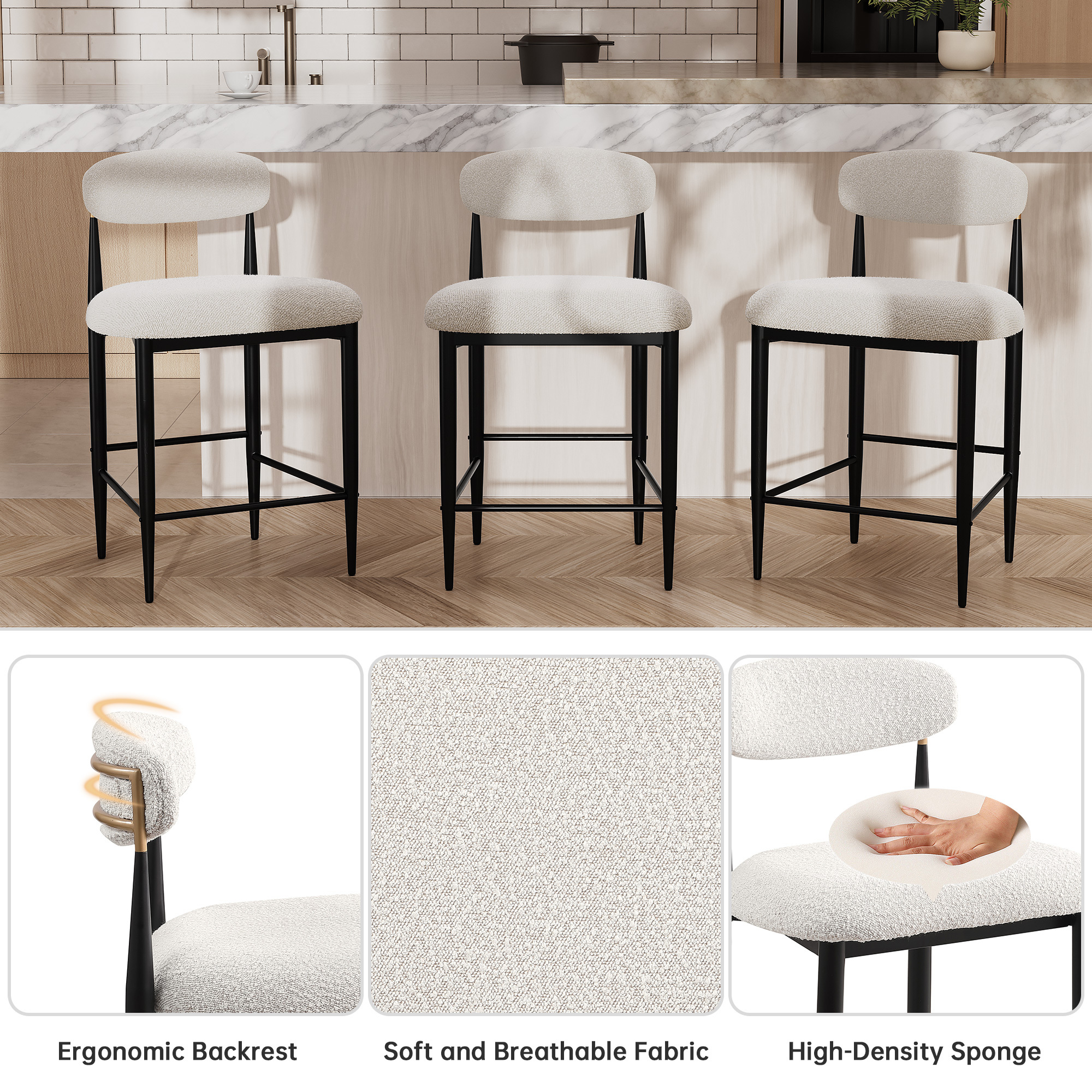 26 in. White Boucle Counter Height Bar Stool Set of 4, Dining Room Armless Chair Barstools for Kitchen Island