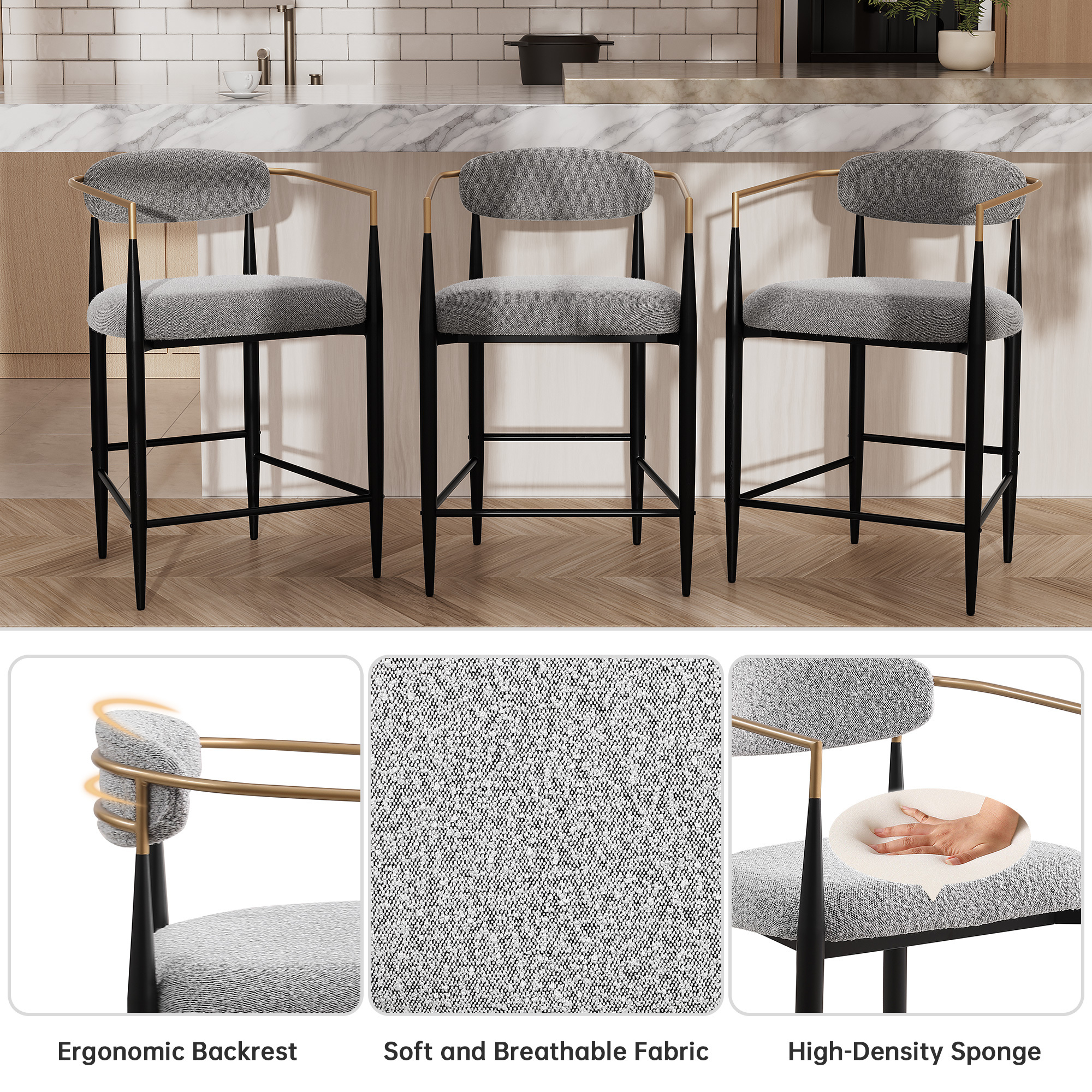 Modern Gray Boucle Counter Height Bar Stool for Kitchen Island, Metal Frame Dining Room Chair Barstools Set of 4