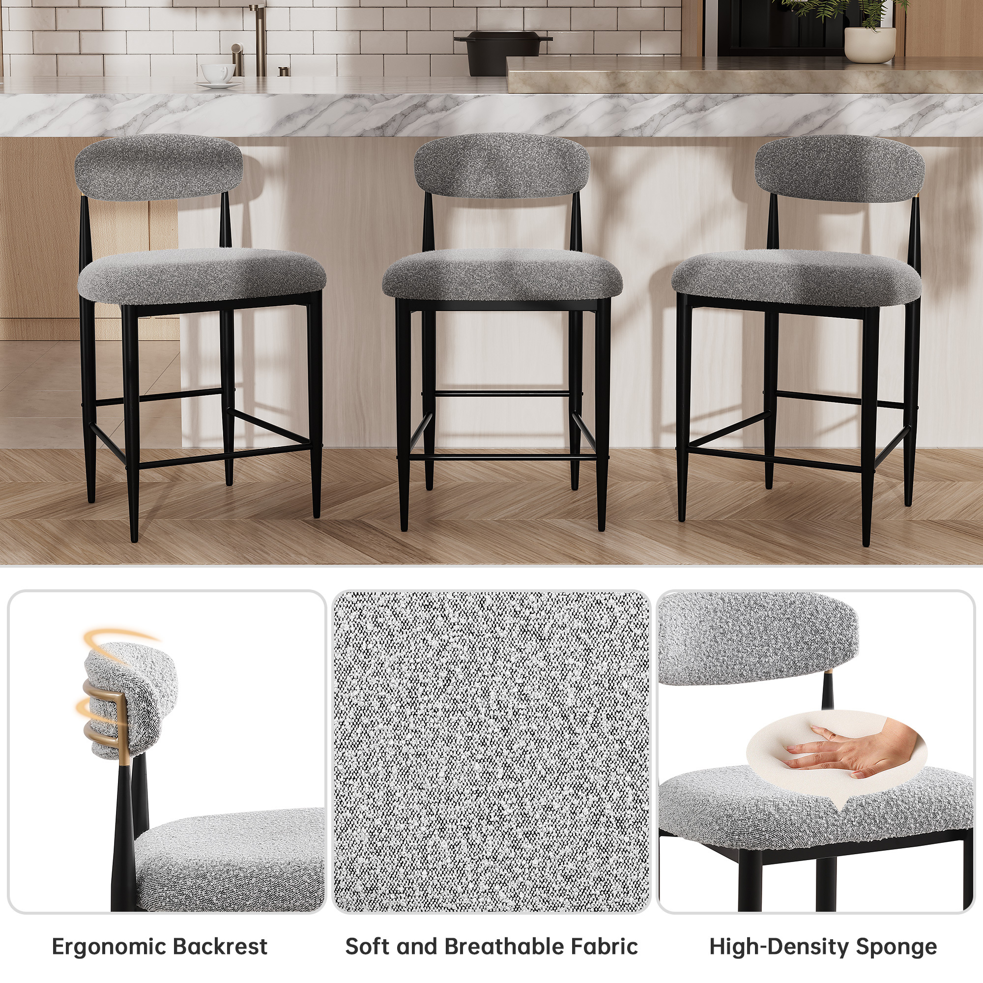26 in. Gray Boucle Counter Height Bar Stool Set of 4, Dining Room Armless Chair Barstools for Kitchen Island