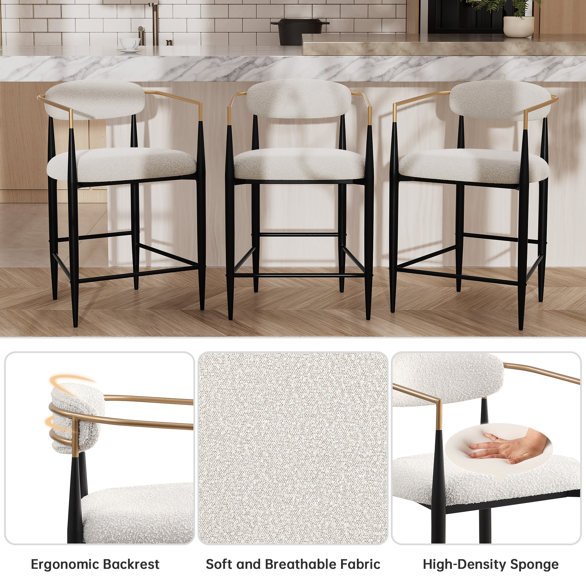 Modern White Boucle Counter Height Bar Stool for Kitchen Island, Metal Frame Dining Room Chair Barstools Set of 4
