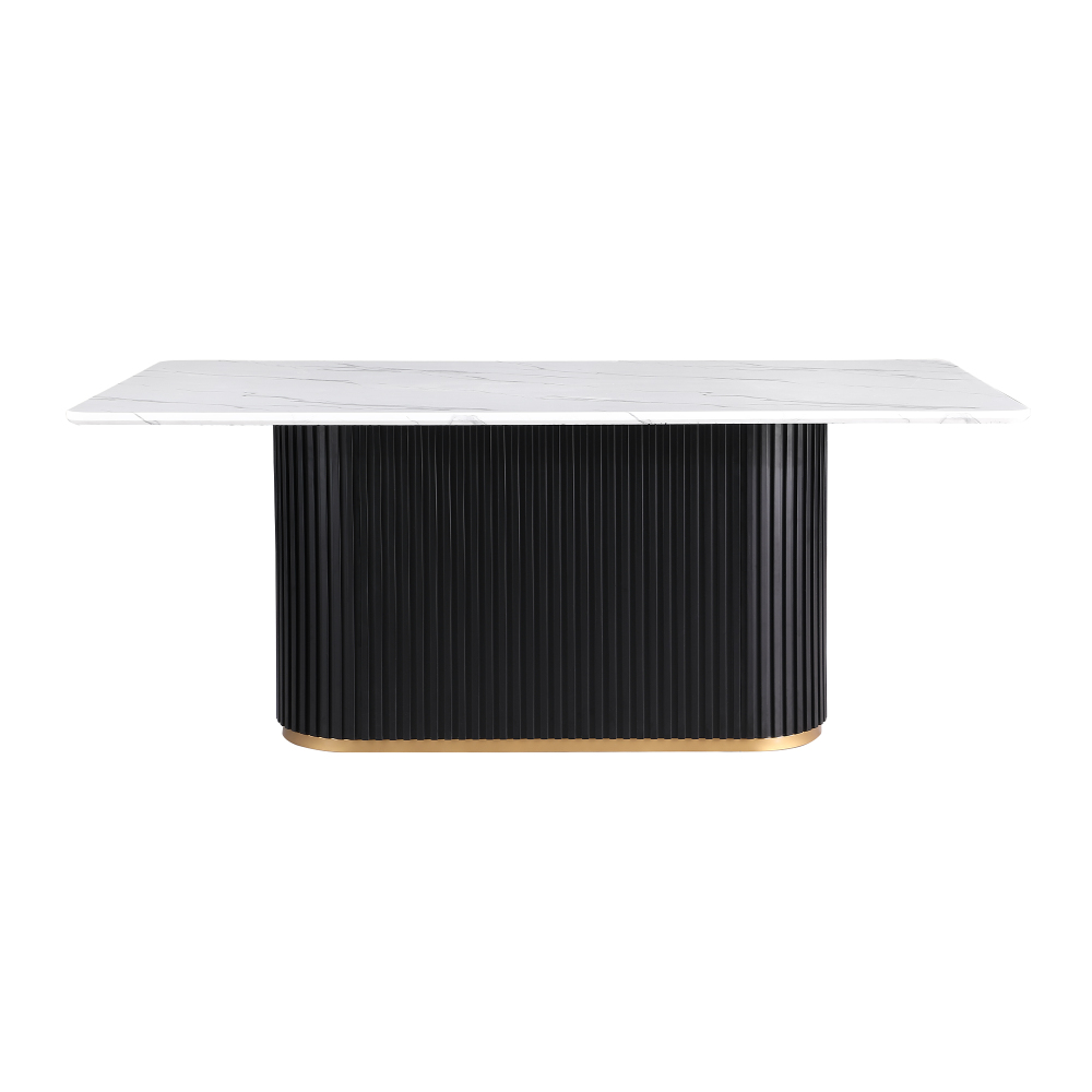 Luxury Faux Marble Top Column Base Dining Table Rectangular Metal Frame in White for Kitchen Seats of 6