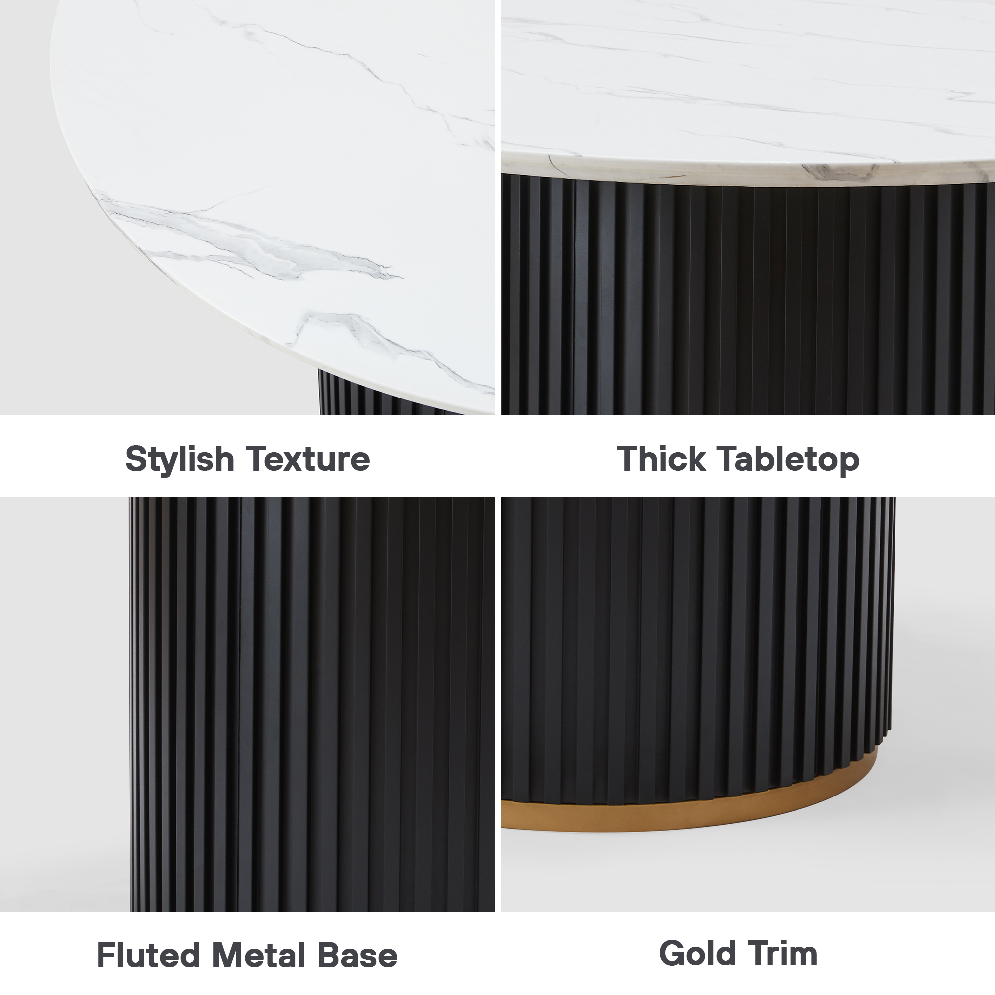 Luxury Faux Marble Top Column Base Dining Table Round Metal Frame in White for Kitchen Seats of 4