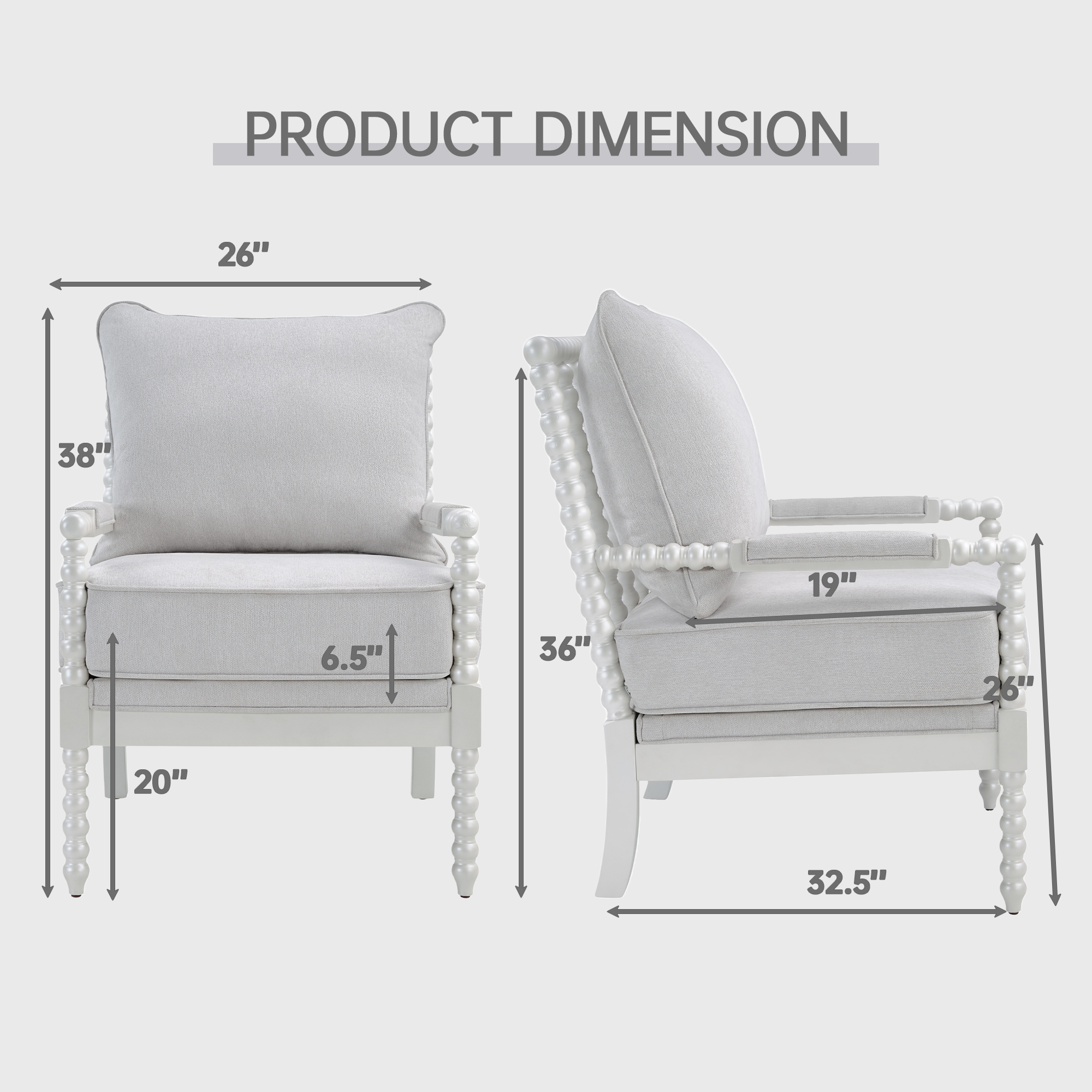 Mid Century White Spindle Accent Chair Upholstered Armchair with Thick Cushion and Wood Frame