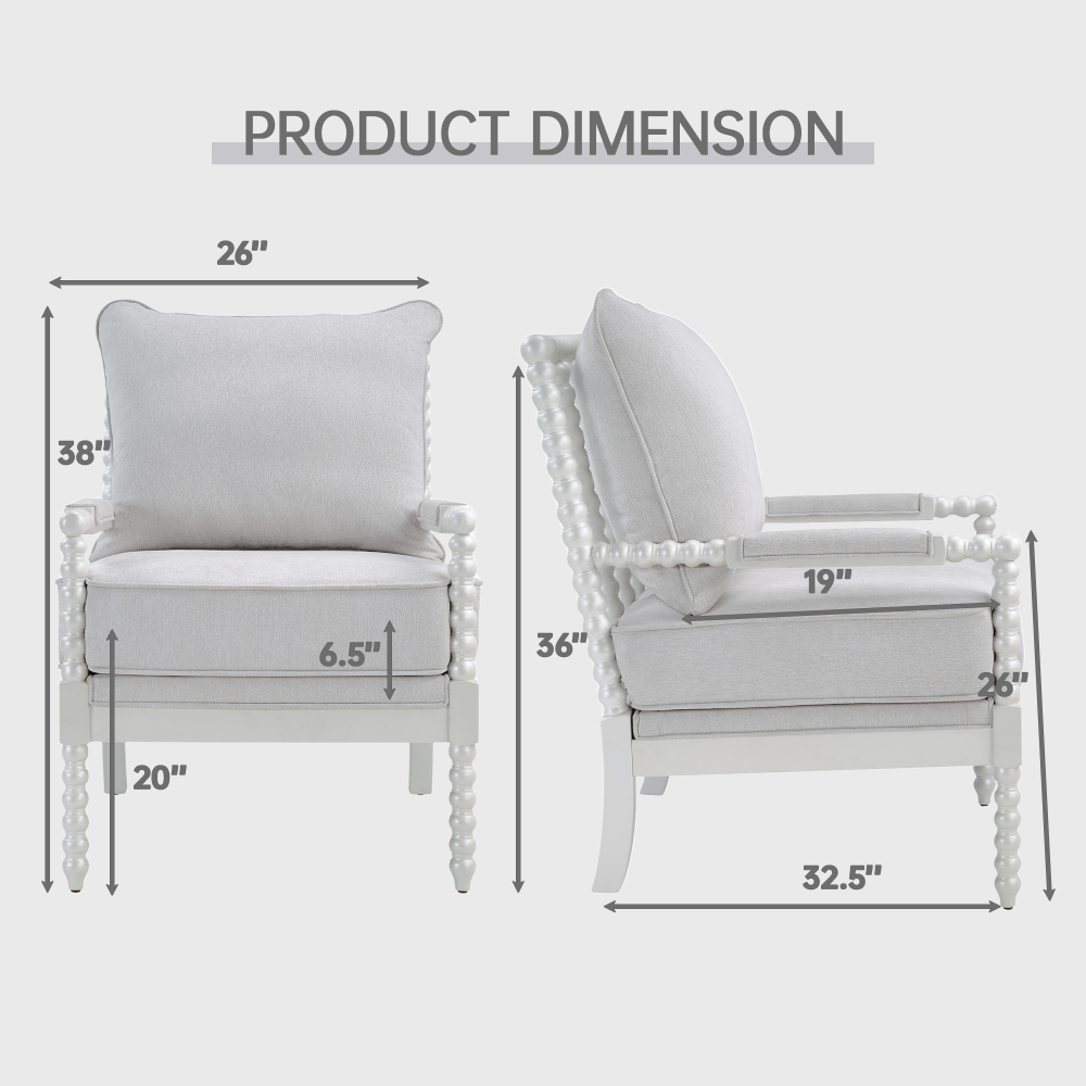 Mid Century White Spindle Accent Chair Upholstered Armchair with Thick Cushion and Wood Frame