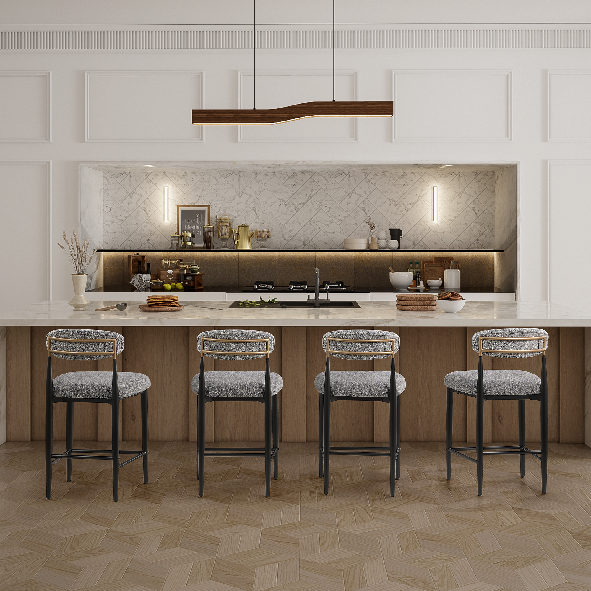 26 in. Gray Boucle Counter Height Bar Stool Set of 4, Dining Room Armless Chair Barstools for Kitchen Island