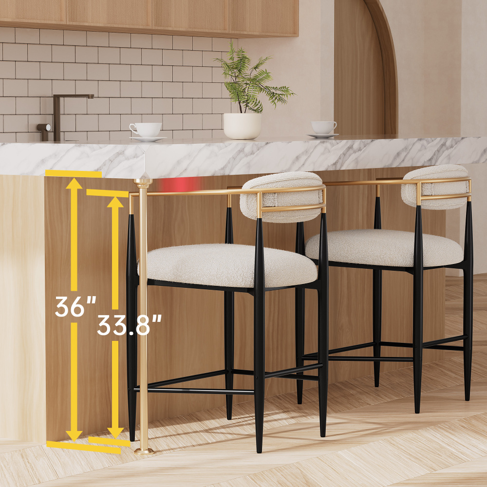 Modern White Boucle Counter Height Bar Stool for Kitchen Island, Metal Frame Dining Room Chair Barstools Set of 4