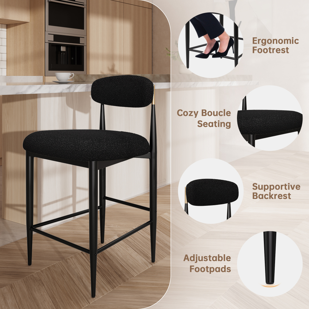 26 in. Black Boucle Counter Height Bar Stool Set of 4, Dining Room Armless Chair Barstools for Kitchen Island