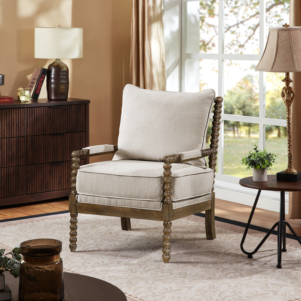 Mid Century Beige Spindle Accent Chair Upholstered Armchair with Thick Cushion and Wood Frame