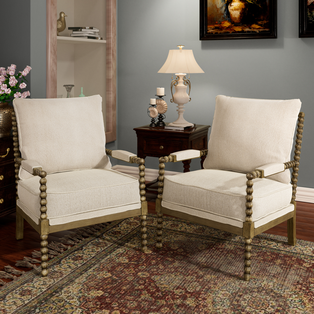 2-Piece Mid Century Beige Spindle Accent Chair Upholstered Armchair with Thick Cushion and Wood Frame