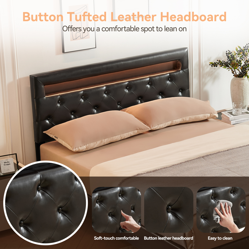 LED Floating Brown Wood Frame King Size Platform Bed with Faux Leather Upholstered Headboard No Spring Box Need