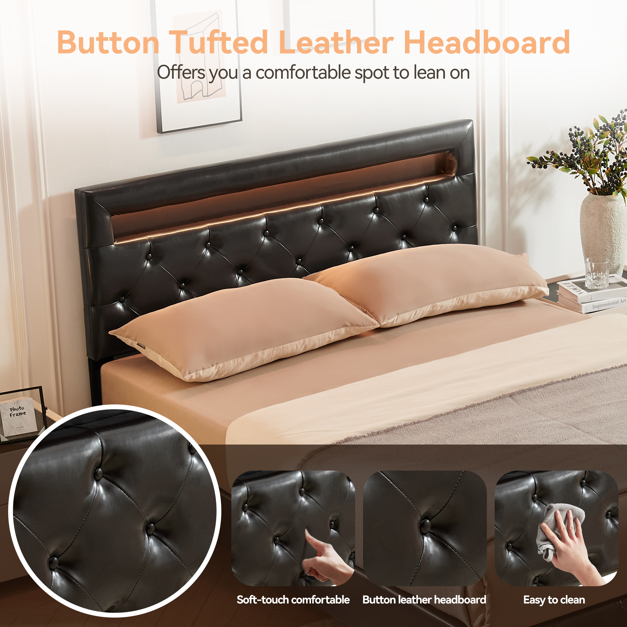 LED Floating Brown Wood Frame Queen Size Platform Bed with Faux Leather Upholstered Headboard No Spring Box Need