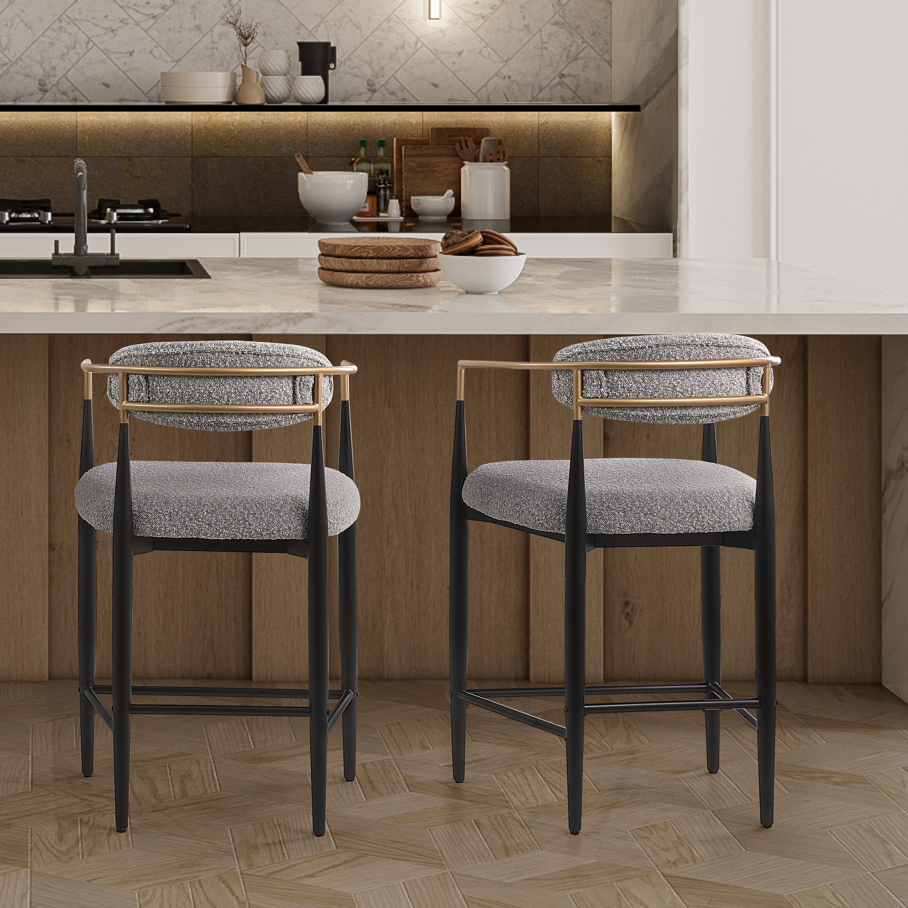 Modern Gray Boucle Counter Height Bar Stool for Kitchen Island, Metal Frame Dining Room Chair Barstools Set of 2