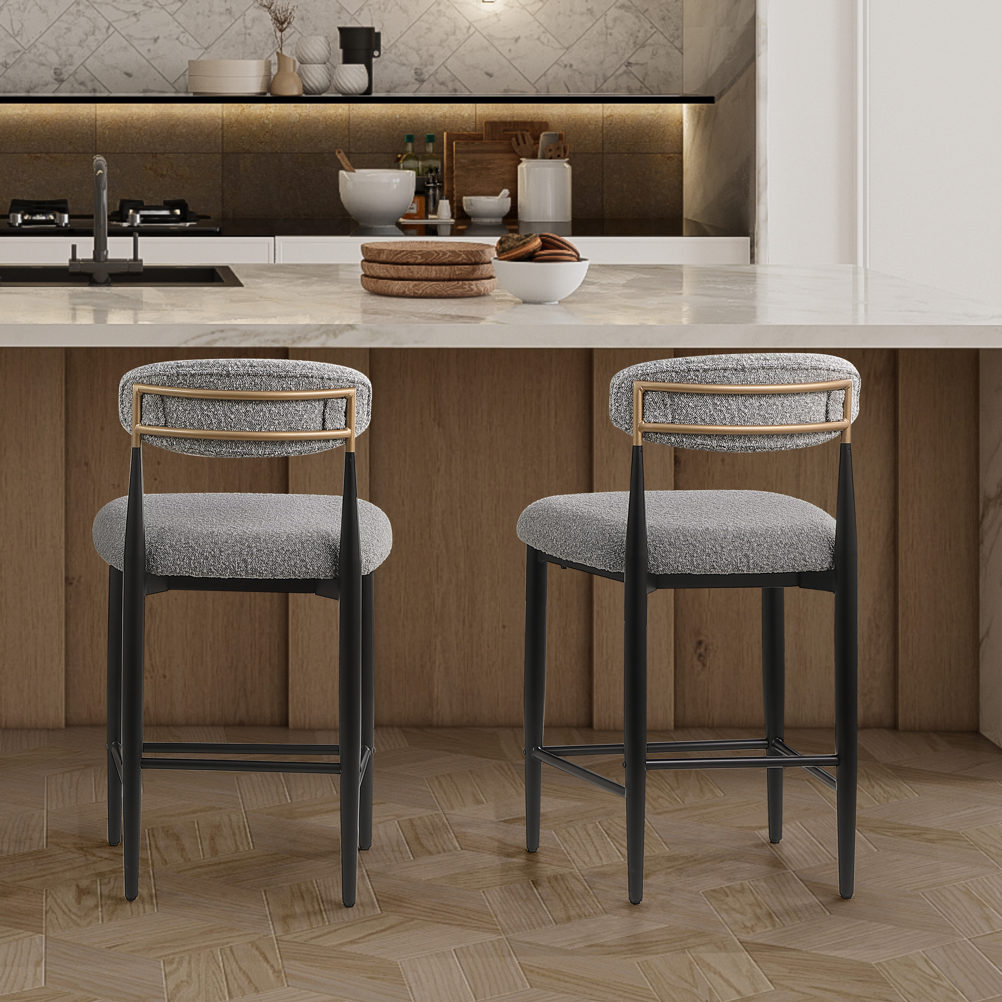 26 in. Gray Boucle Counter Height Bar Stool Set of 2, Dining Room Armless Chair Barstools for Kitchen Island