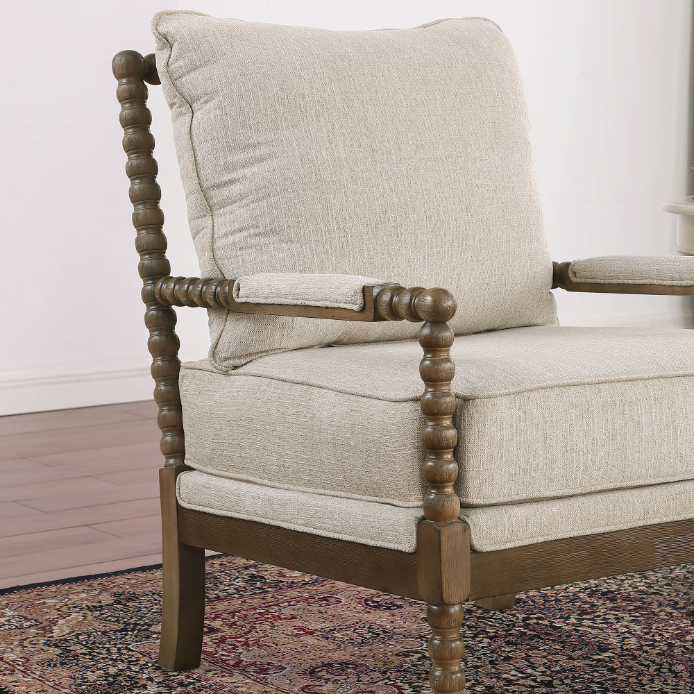 Mid Century Beige Spindle Accent Chair Upholstered Armchair with Thick Cushion and Wood Frame