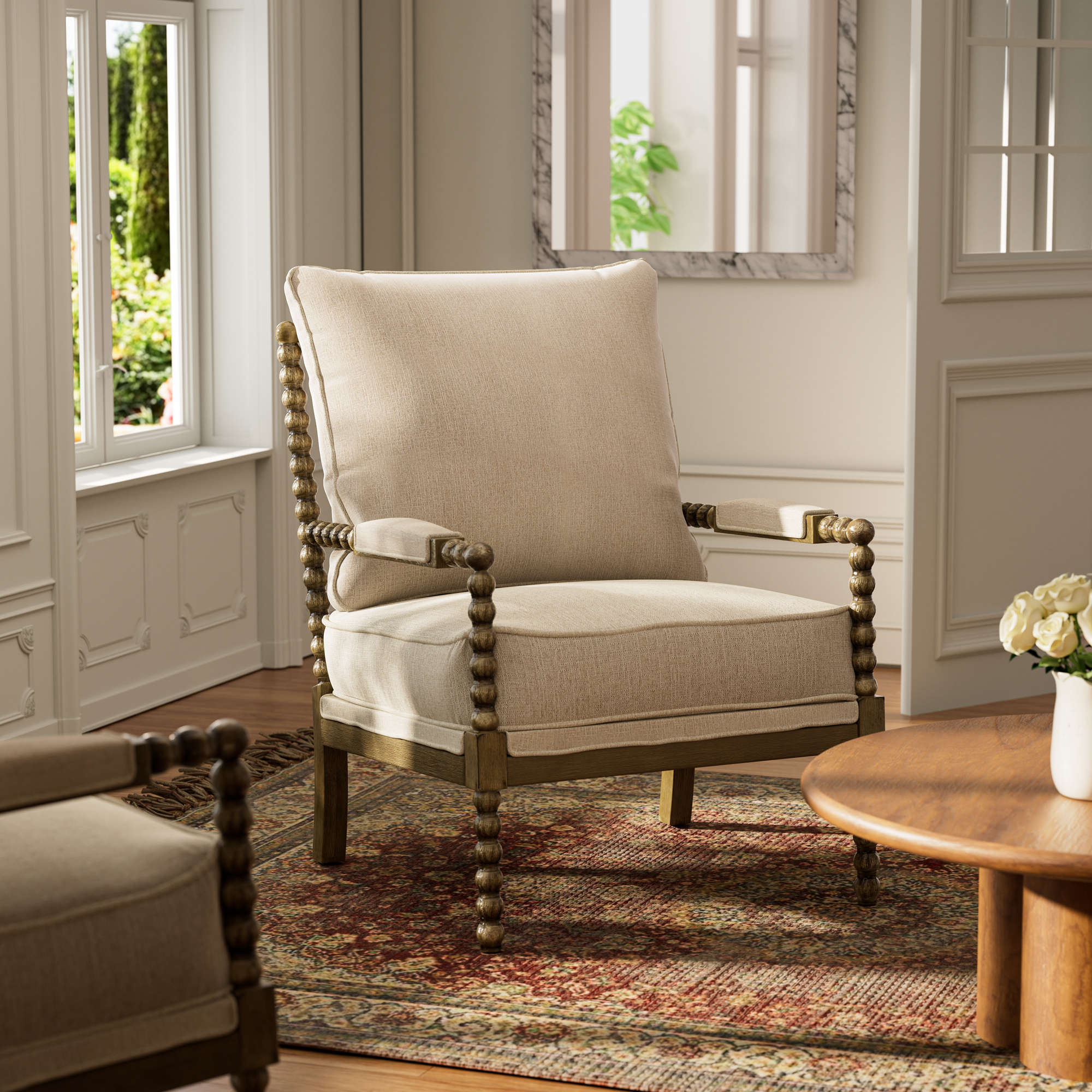 2-Piece Mid Century Beige Spindle Accent Chair Upholstered Armchair with Thick Cushion and Wood Frame