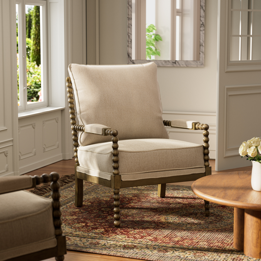 2-Piece Mid Century Beige Spindle Accent Chair Upholstered Armchair with Thick Cushion and Wood Frame