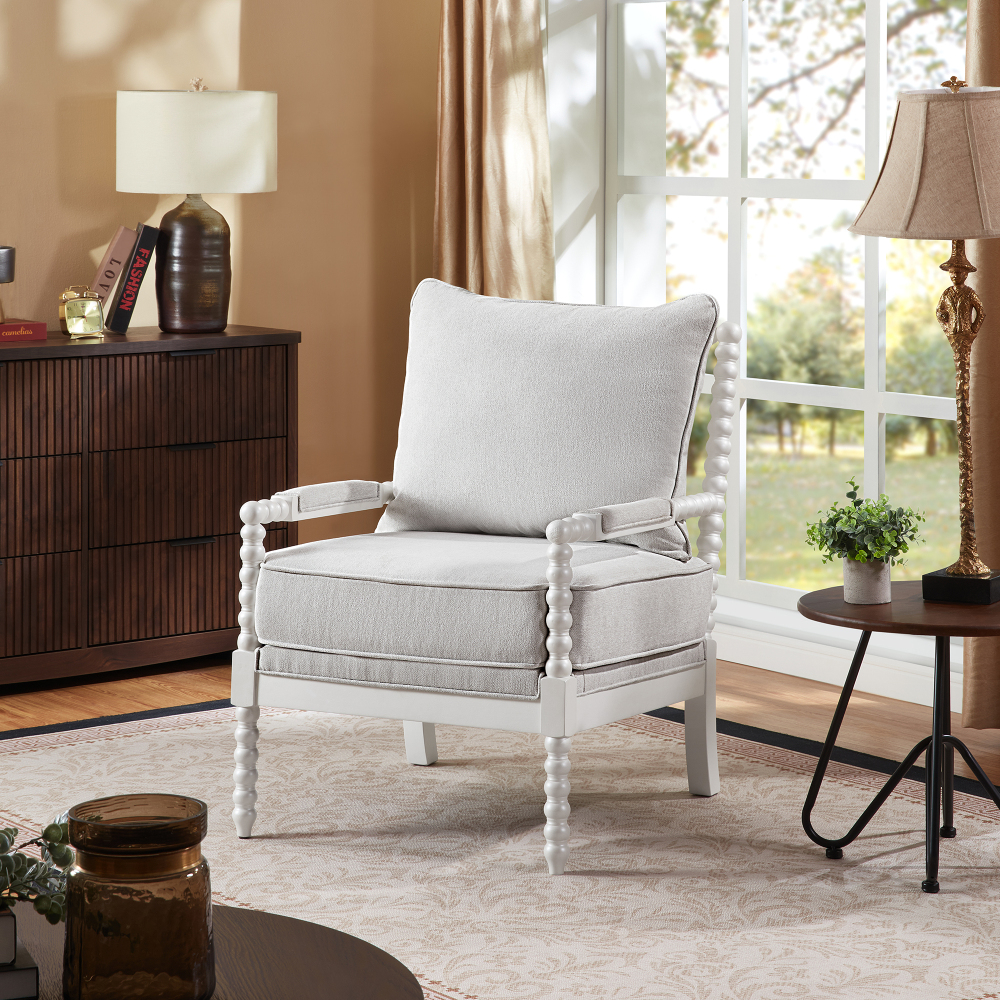 Mid Century White Spindle Accent Chair Upholstered Armchair with Thick Cushion and Wood Frame