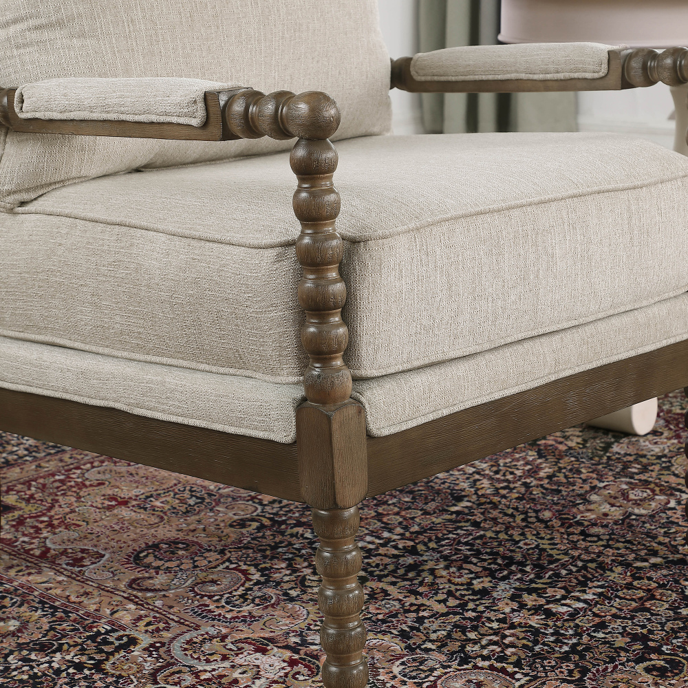 Mid Century Beige Spindle Accent Chair Upholstered Armchair with Thick Cushion and Wood Frame