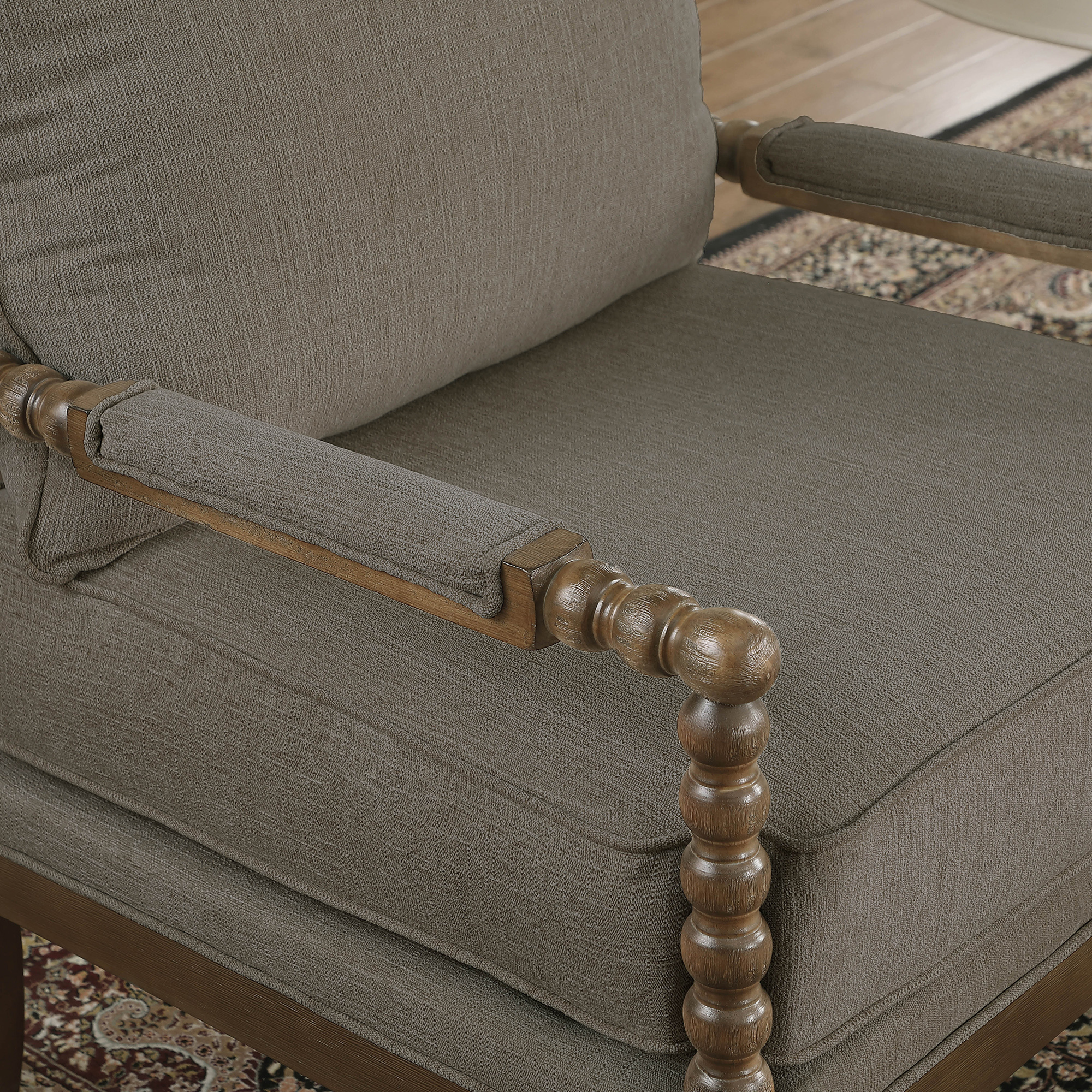 Mid Century Brown Spindle Accent Chair Upholstered Armchair with Thick Cushion and Wood Frame