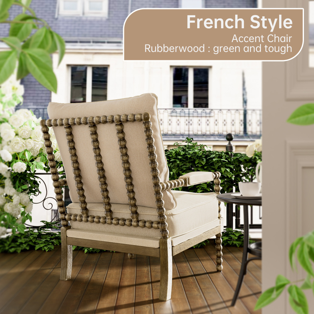 2-Piece Mid Century Beige Spindle Accent Chair Upholstered Armchair with Thick Cushion and Wood Frame