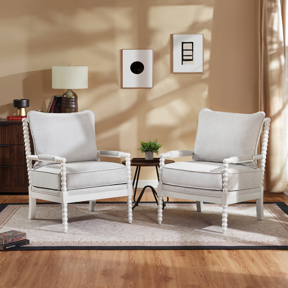2-Piece Mid Century White Spindle Accent Chair Upholstered Armchair with Thick Cushion and Wood Frame
