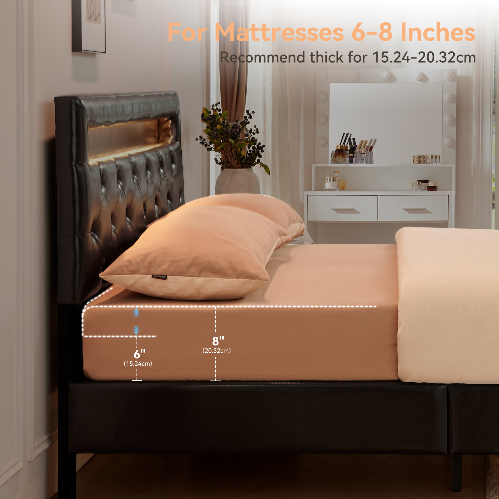 LED Floating Brown Wood Frame Queen Size Platform Bed with Faux Leather Upholstered Headboard No Spring Box Need