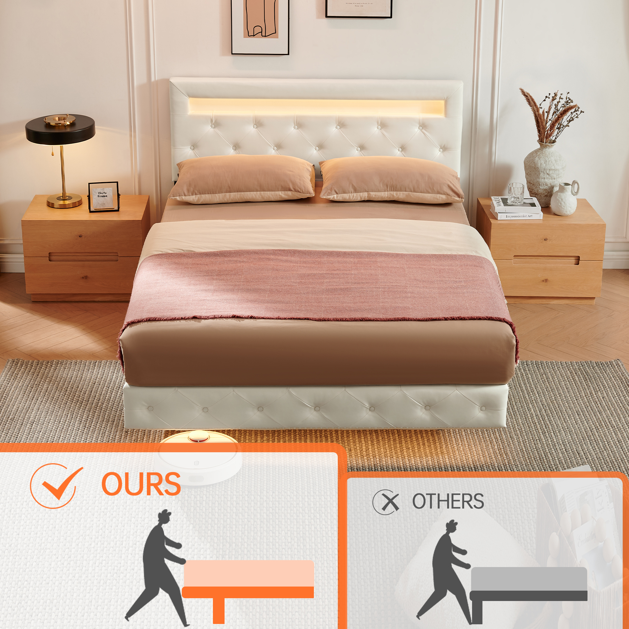 LED Floating Cream White Wood Frame King Size Platform Bed with Faux Leather Upholstered Headboard No Spring Box Need