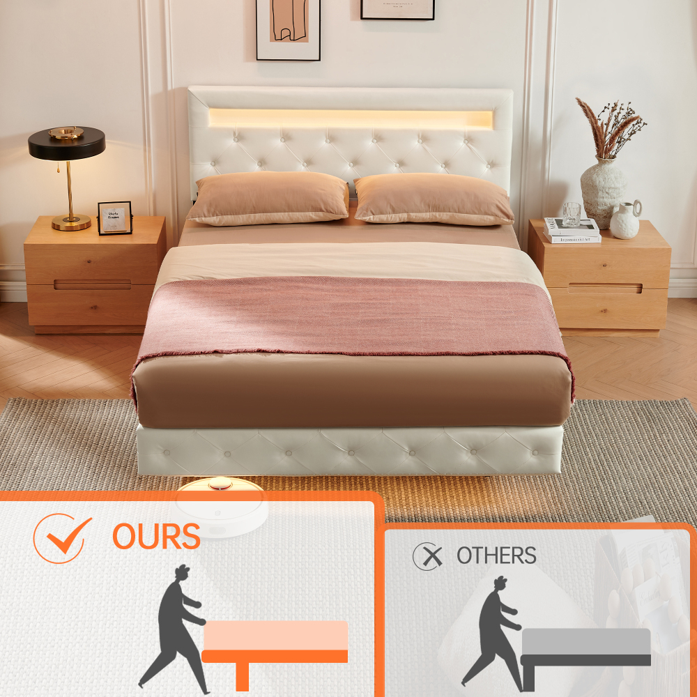 LED Floating Cream White Wood Frame King Size Platform Bed with Faux Leather Upholstered Headboard No Spring Box Need