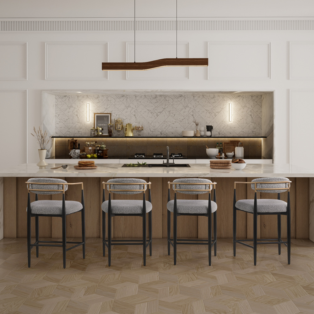 Modern Gray Boucle Counter Height Bar Stool for Kitchen Island, Metal Frame Dining Room Chair Barstools Set of 2