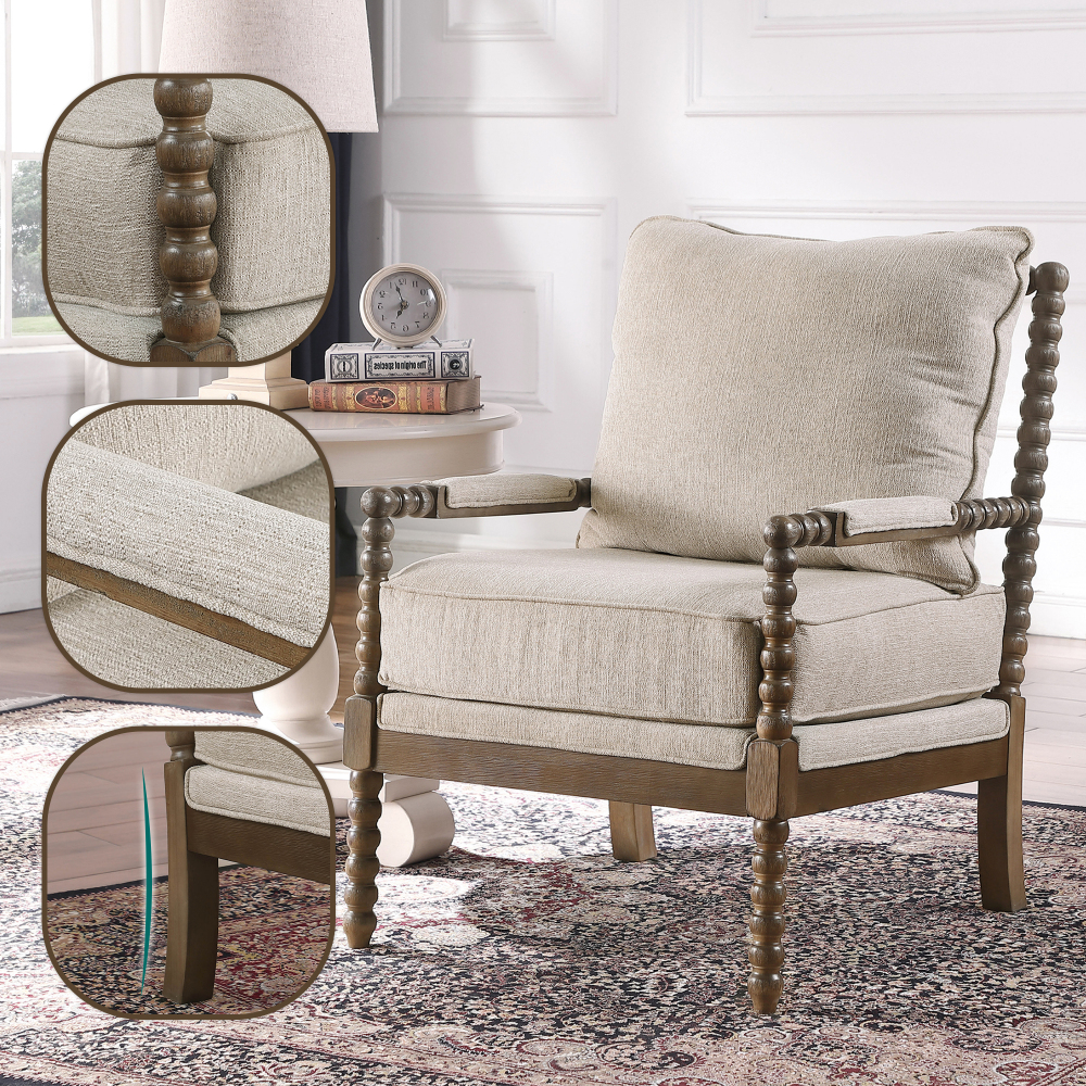 Mid Century Beige Spindle Accent Chair Upholstered Armchair with Thick Cushion and Wood Frame