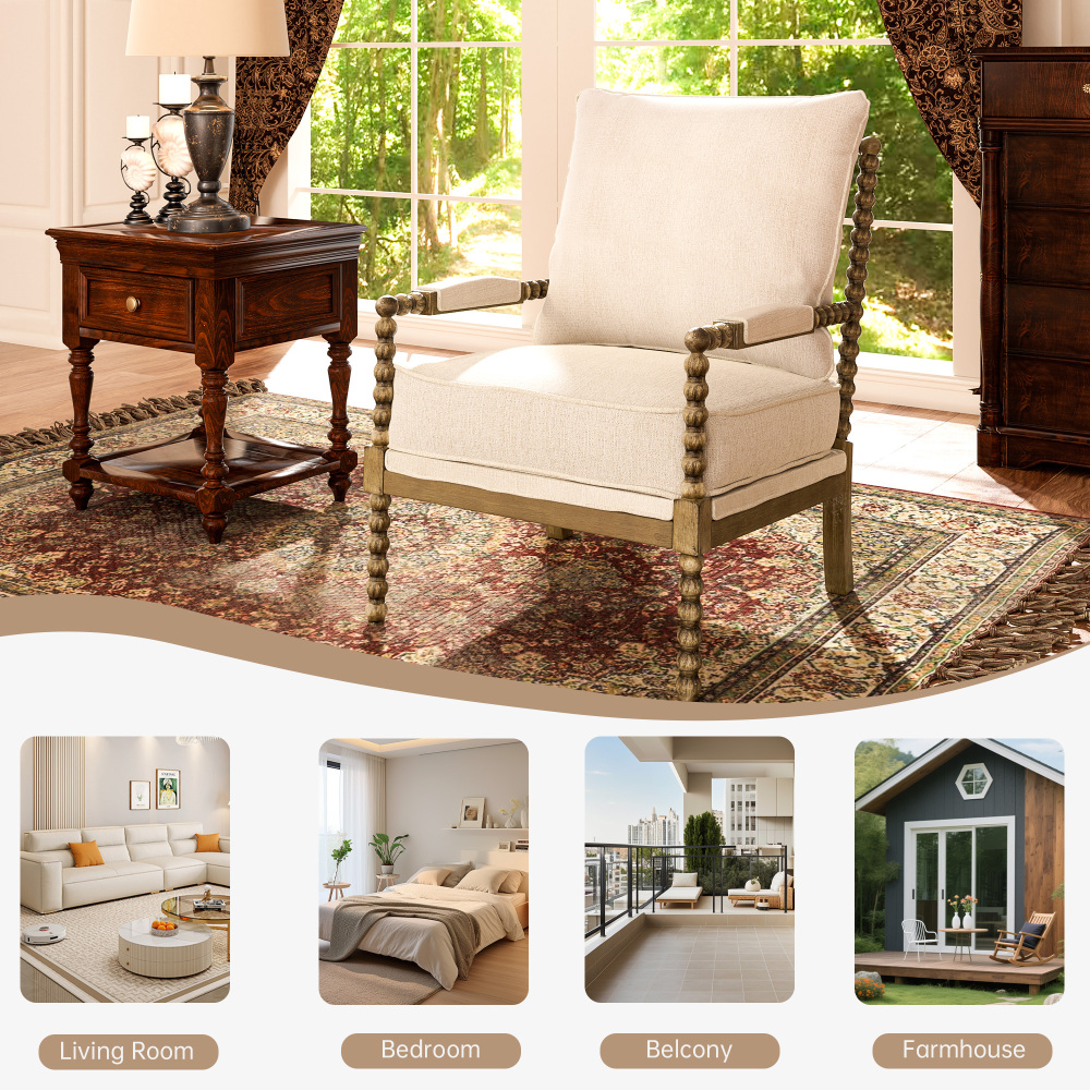 2-Piece Mid Century Beige Spindle Accent Chair Upholstered Armchair with Thick Cushion and Wood Frame