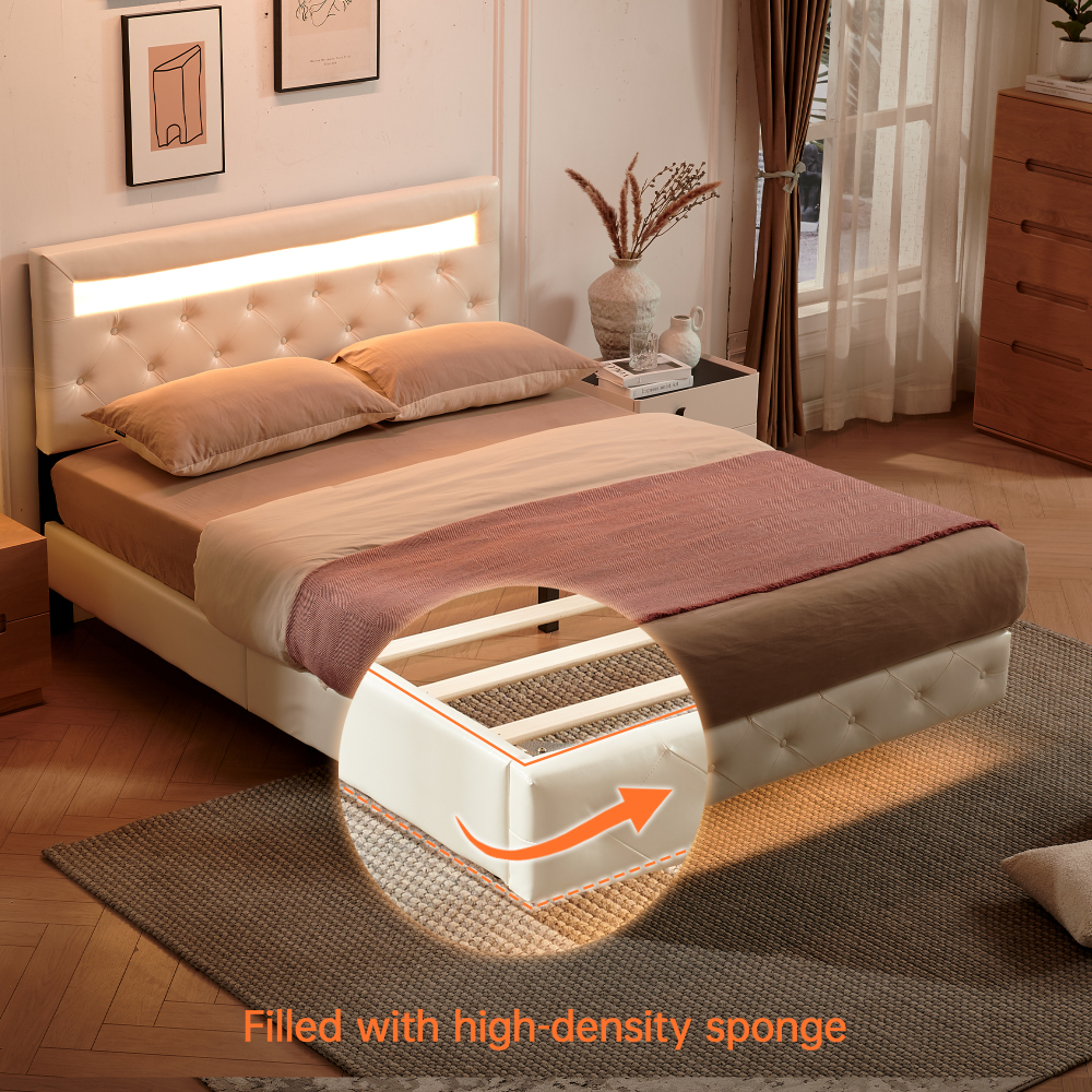LED Floating Cream White Wood Frame King Size Platform Bed with Faux Leather Upholstered Headboard No Spring Box Need