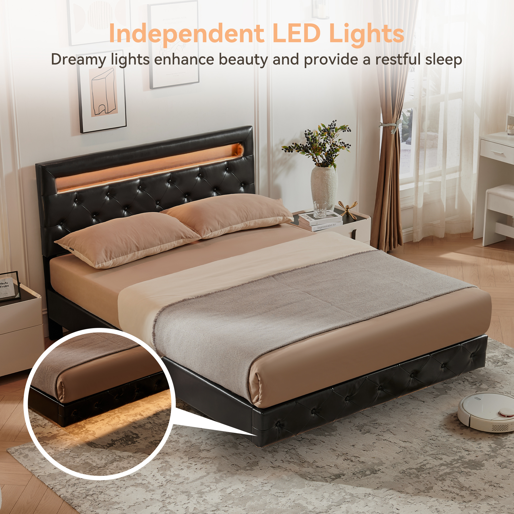 LED Floating Brown Wood Frame Full Size Platform Bed with Faux Leather Upholstered Headboard No Spring Box Need