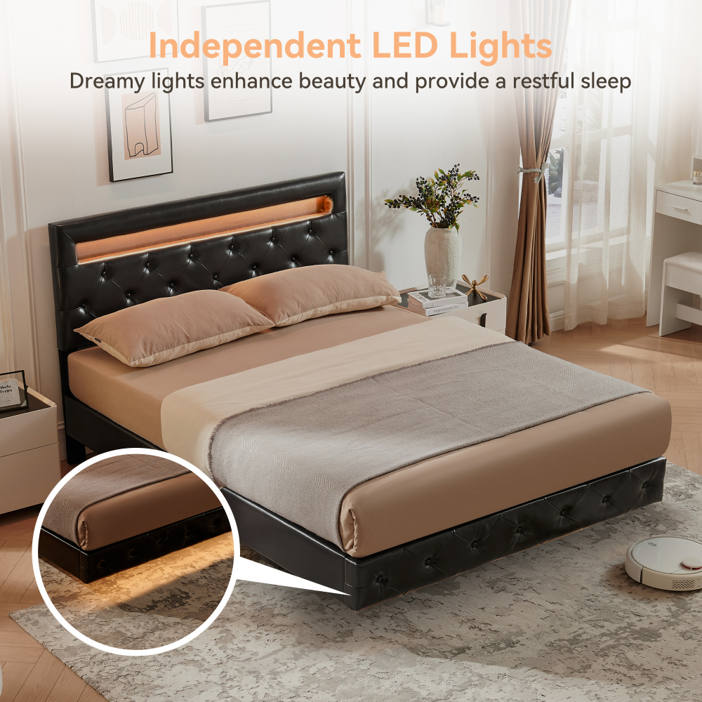 LED Floating Brown Wood Frame Queen Size Platform Bed with Faux Leather Upholstered Headboard No Spring Box Need