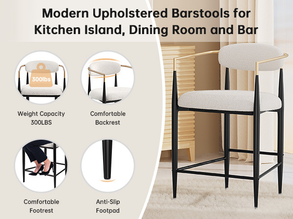 Modern White Boucle Counter Height Bar Stool for Kitchen Island, Metal Frame Dining Room Chair Barstools Set of 2