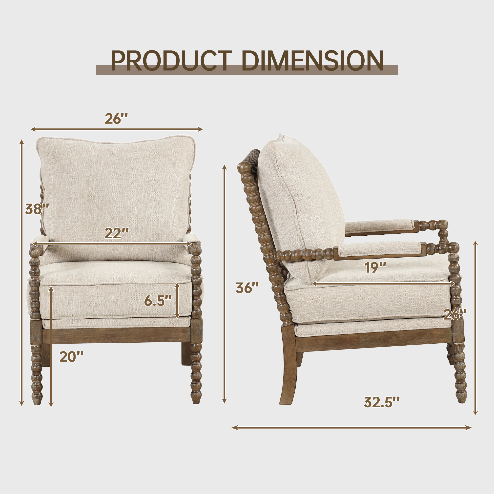 Mid Century Beige Spindle Accent Chair Upholstered Armchair with Thick Cushion and Wood Frame