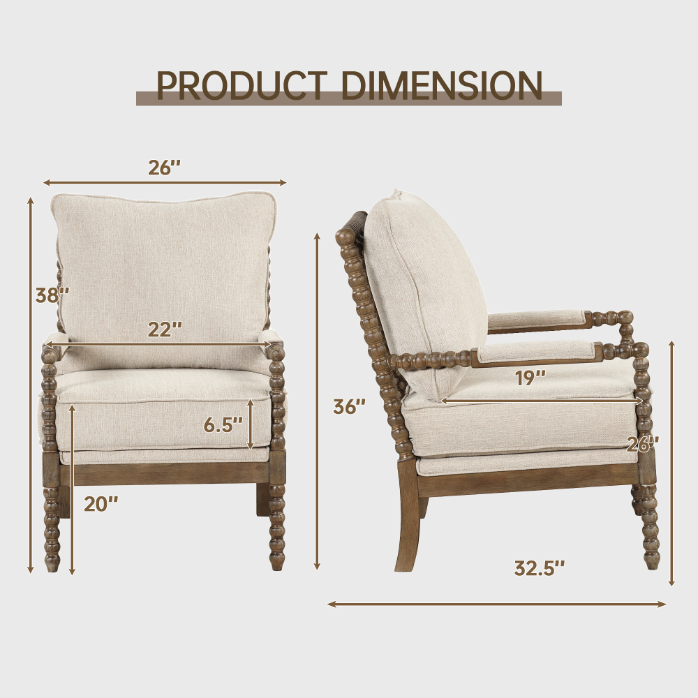 Mid Century Beige Spindle Accent Chair Upholstered Armchair with Thick Cushion and Wood Frame