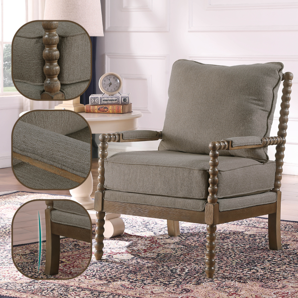 Mid Century Brown Spindle Accent Chair Upholstered Armchair with Thick Cushion and Wood Frame