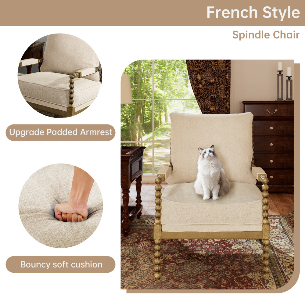 2-Piece Mid Century Beige Spindle Accent Chair Upholstered Armchair with Thick Cushion and Wood Frame