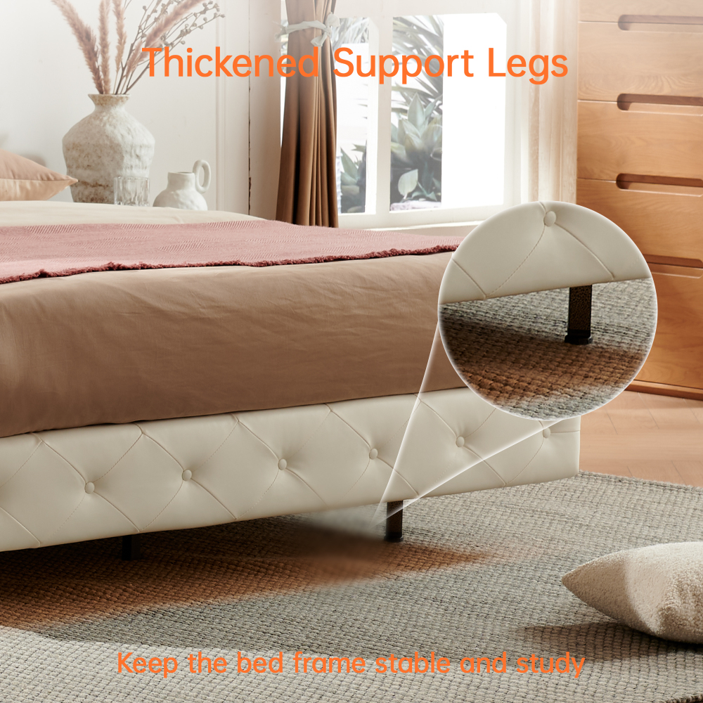 LED Floating Cream White Wood Frame Full Size Platform Bed with Faux Leather Upholstered Headboard No Spring Box Need