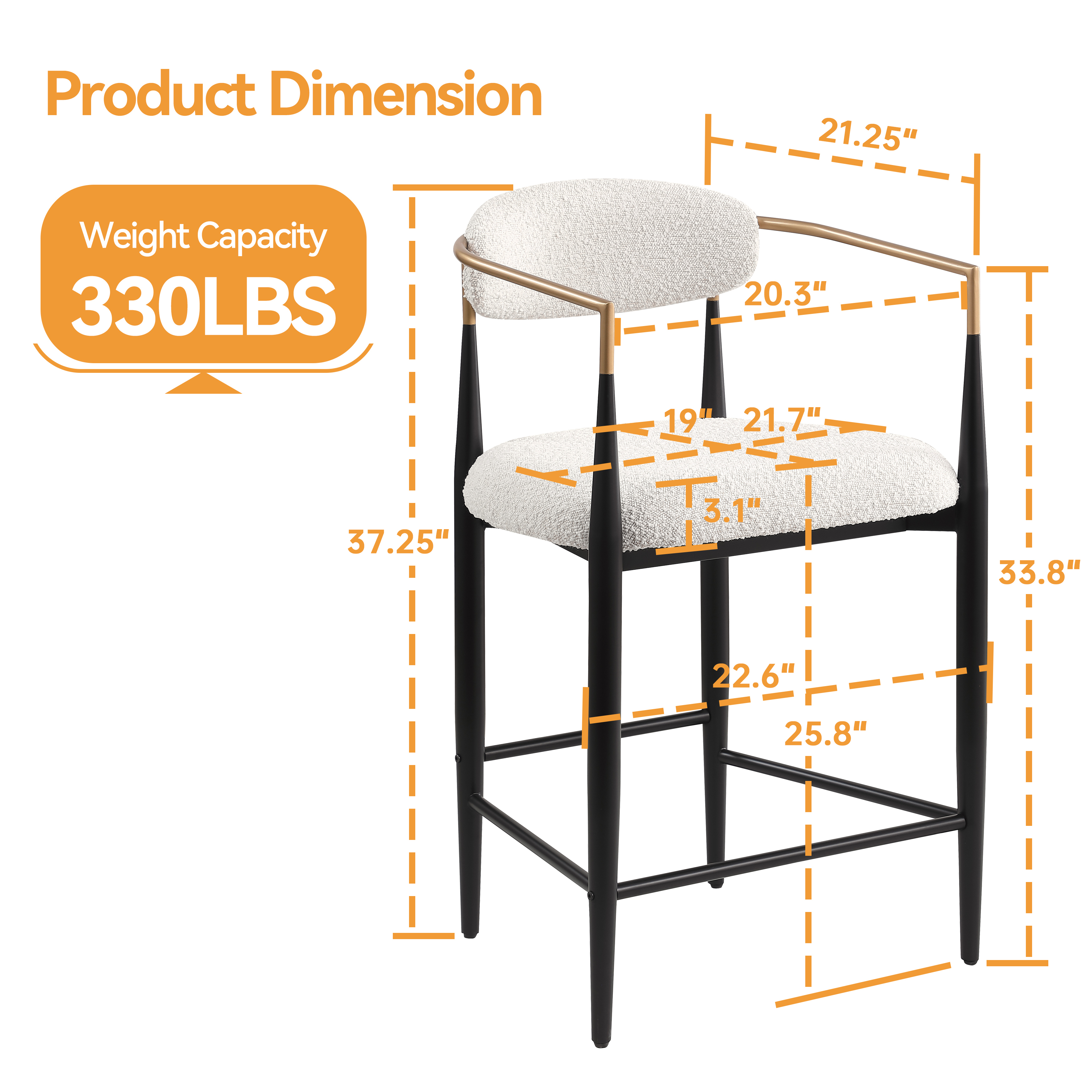 Modern White Boucle Counter Height Bar Stool for Kitchen Island, Metal Frame Dining Room Chair Barstools Set of 2