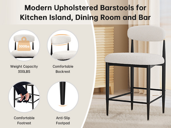 26 in. White Boucle Counter Height Bar Stool Set of 2, Dining Room Armless Chair Barstools for Kitchen Island